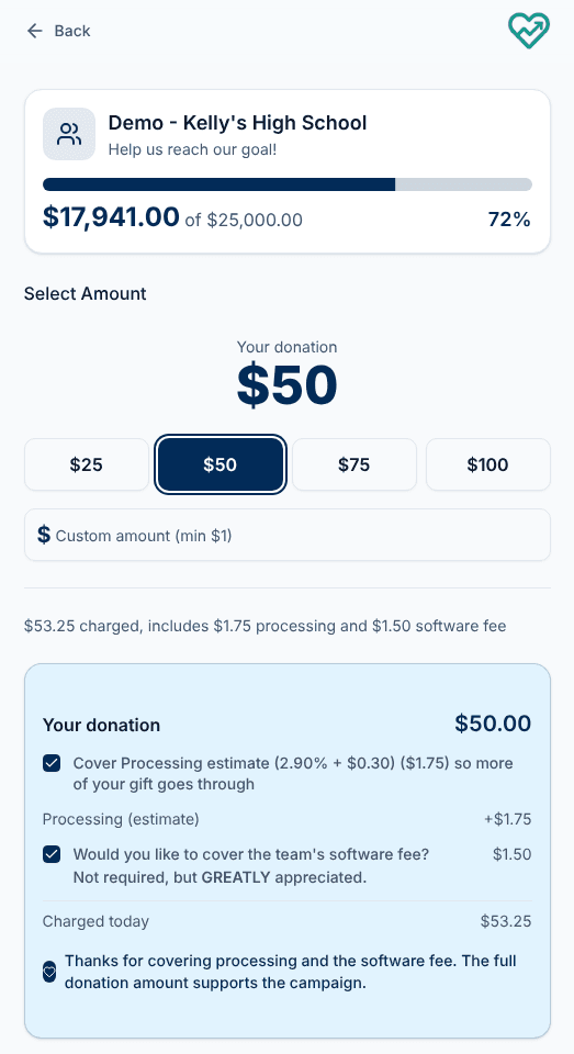 The giving screen with preset amounts and a breakdown of processing and software fees