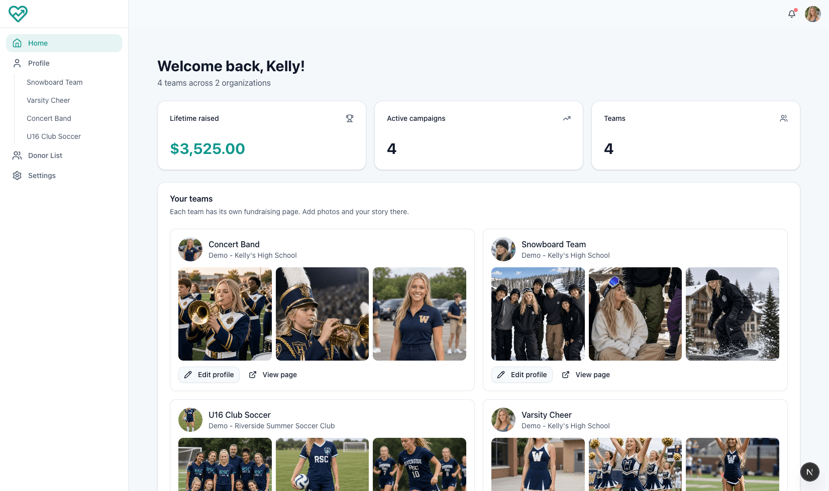 A participant's home showing lifetime raised, active campaigns, and a fundraising page for each of their teams