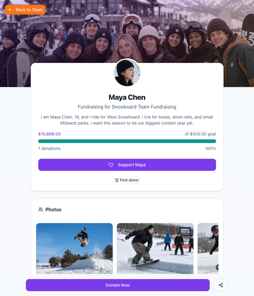 A participant's public fundraising page with their photo, story, and personal total